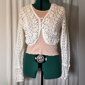 VTG Contempo Casuals hand knit Crochet Women's cropped Sweater cardigan Size L